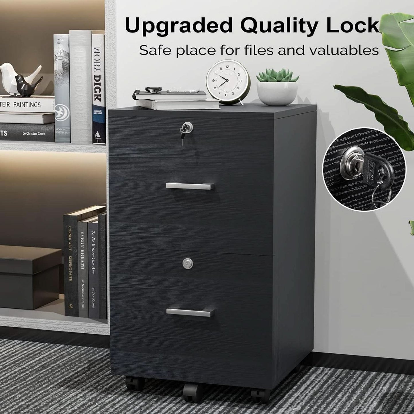 Two Drawer Rolling File Cabinet - Black