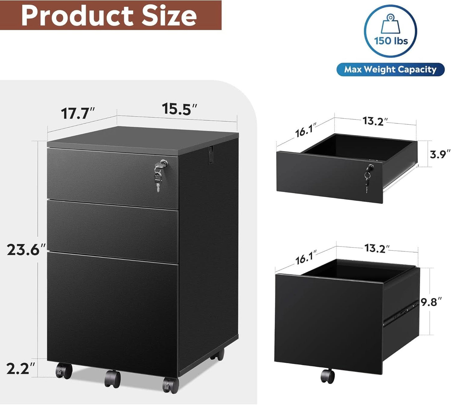 Three Drawer Locking File Cabinet - Black