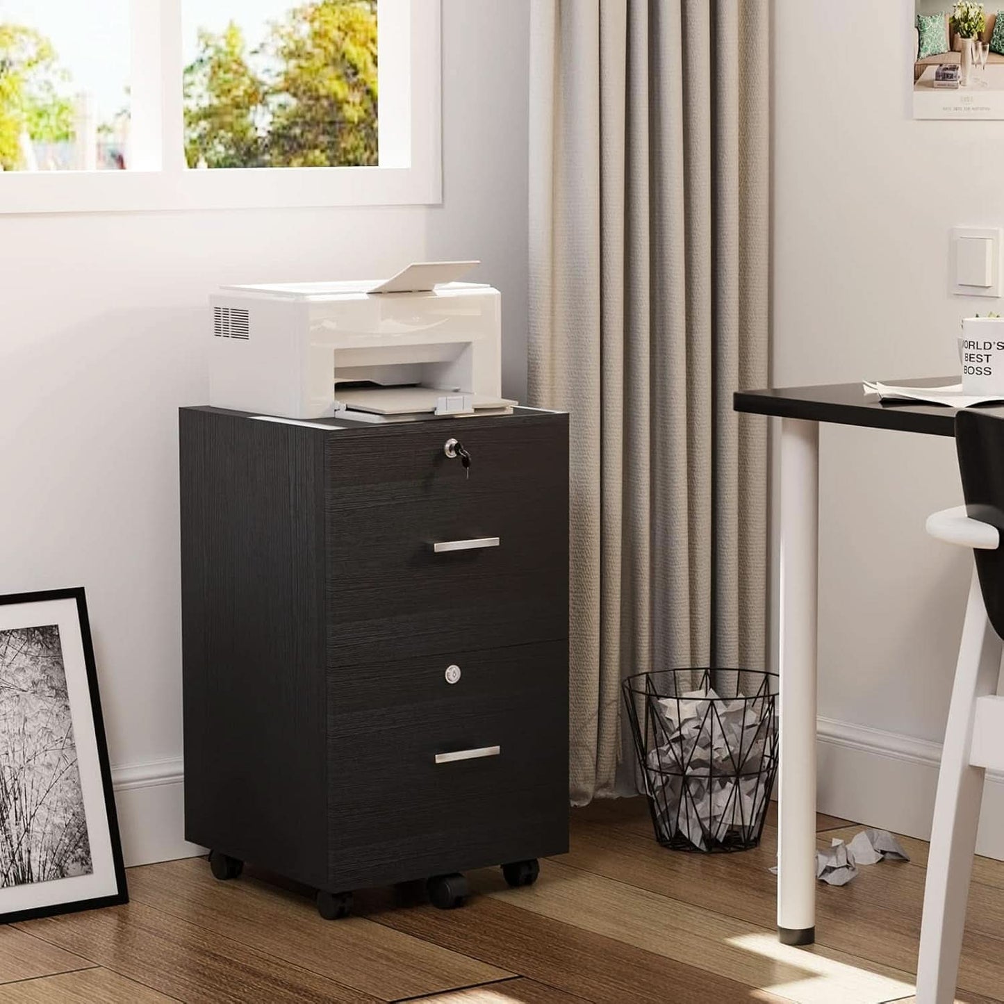 Two Drawer Rolling File Cabinet - Black