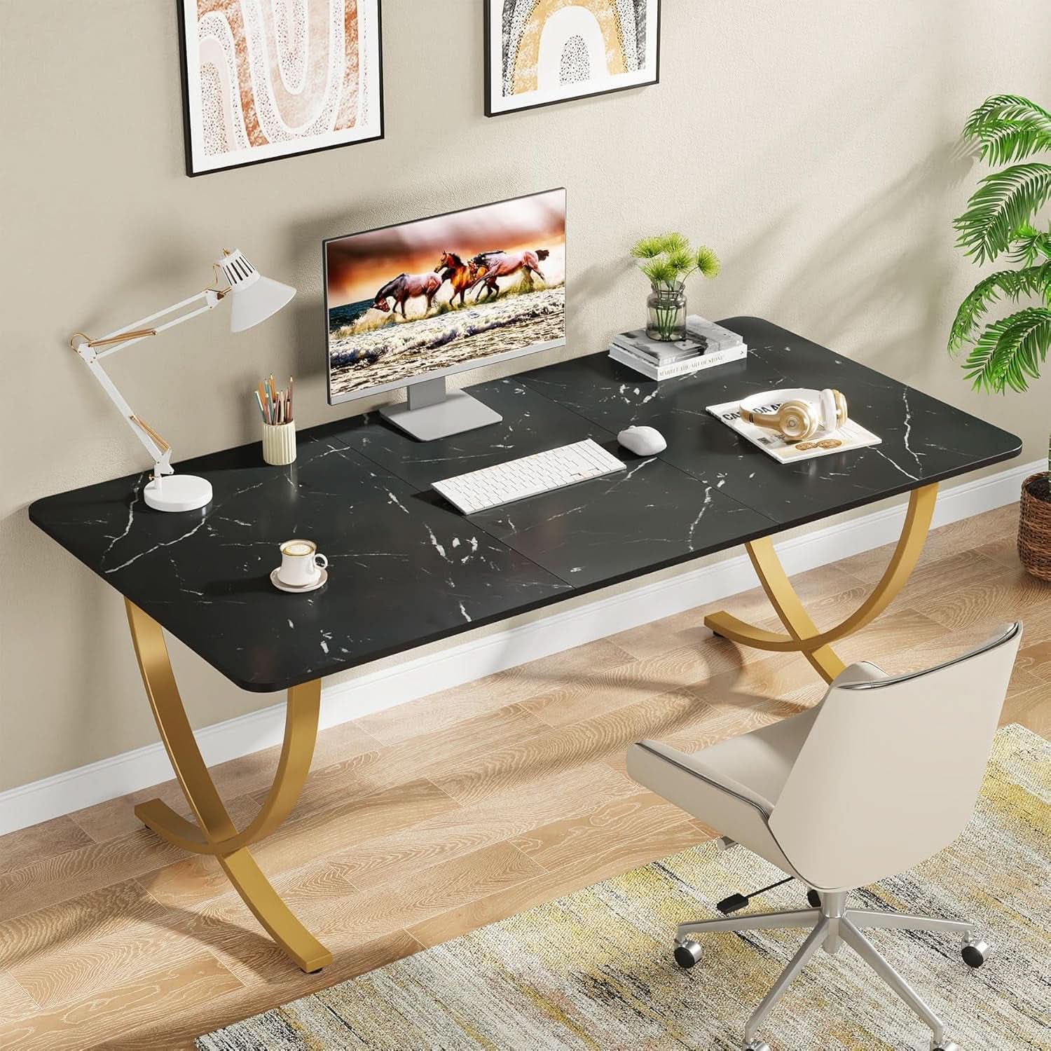 Executive Desk 63 Inch Wide Black And Gold Office Desk-2