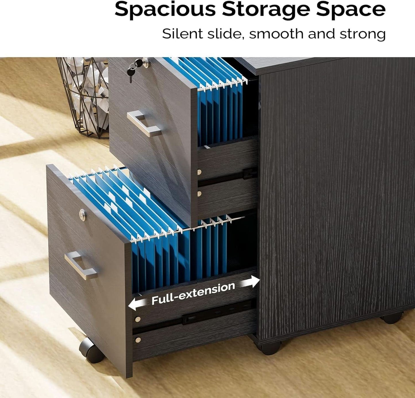 Two Drawer Rolling File Cabinet - Black