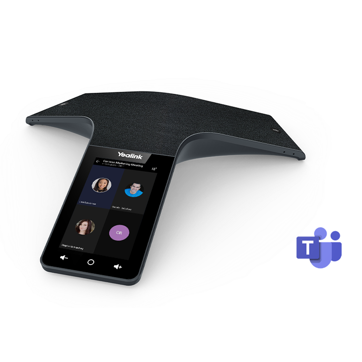 Yealink conference phone with Microsoft Teams logo on a white background
