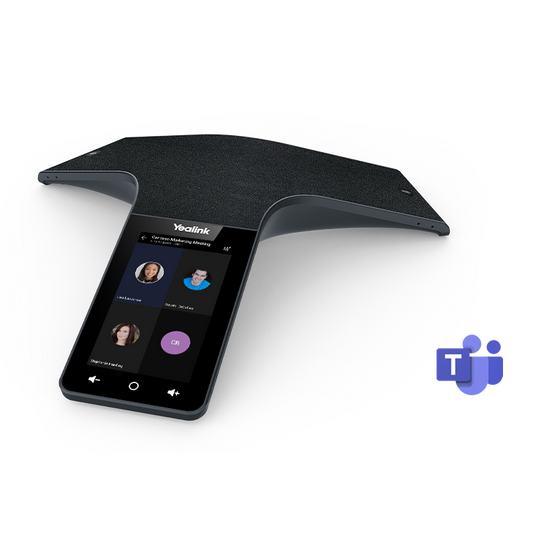 Yealink conference phone with Microsoft Teams logo on a white background